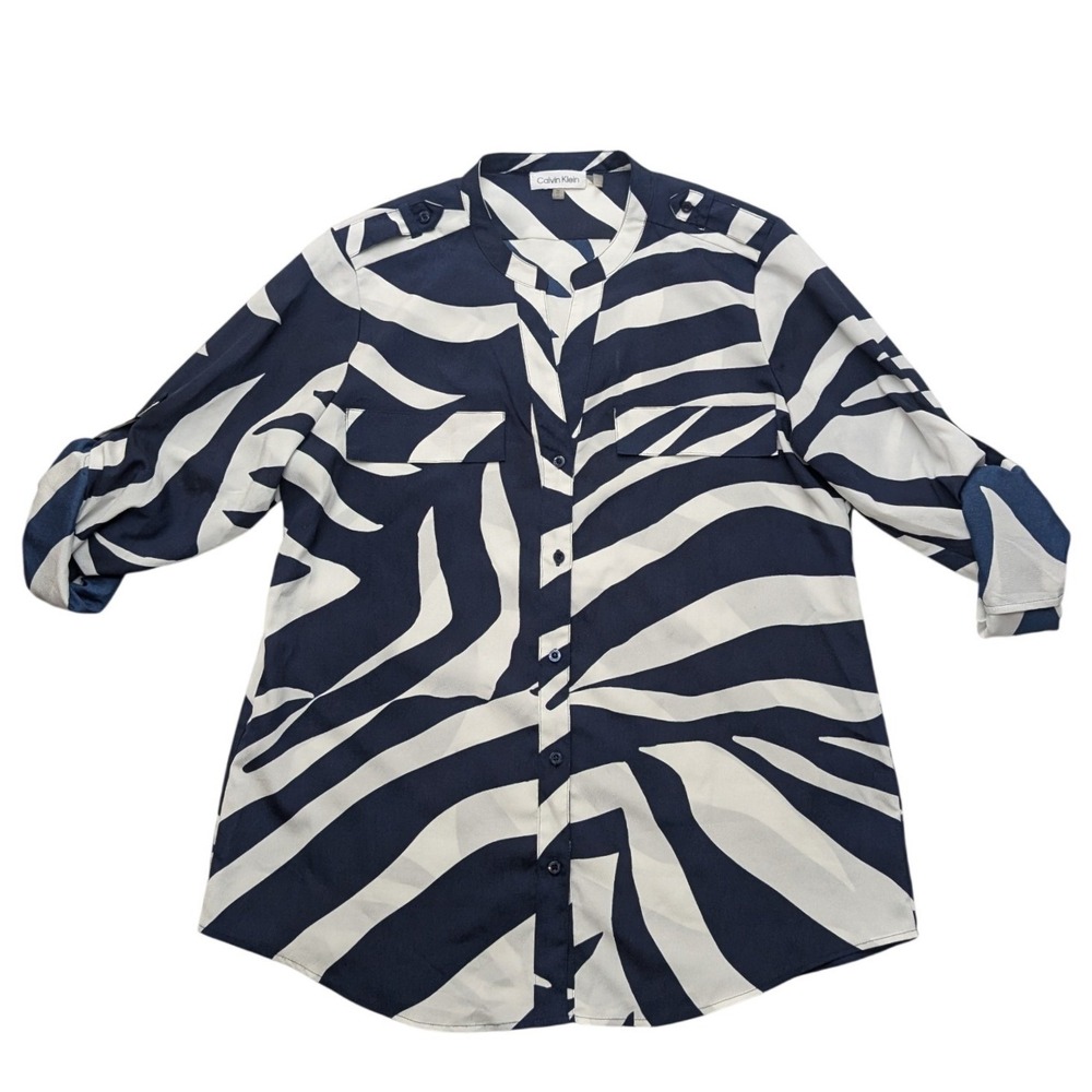 Calvin Klein Zebra‎ Print Blouse Womens Medium Navy Blue Roll Tab Sleeve